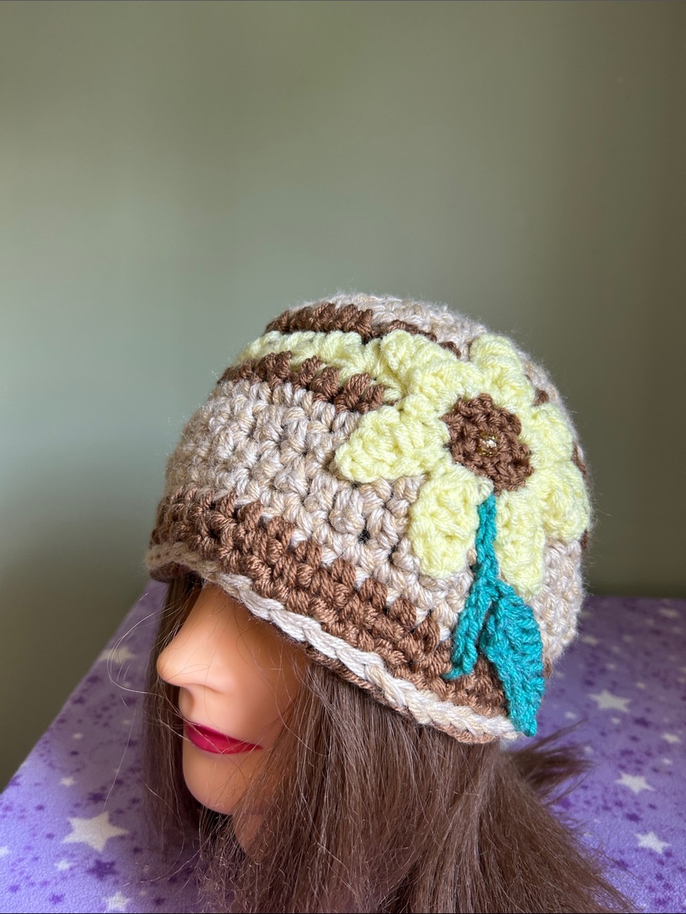Crochet Women's Beanie with Yellow Flower Accent medium - Picture 2 of 5